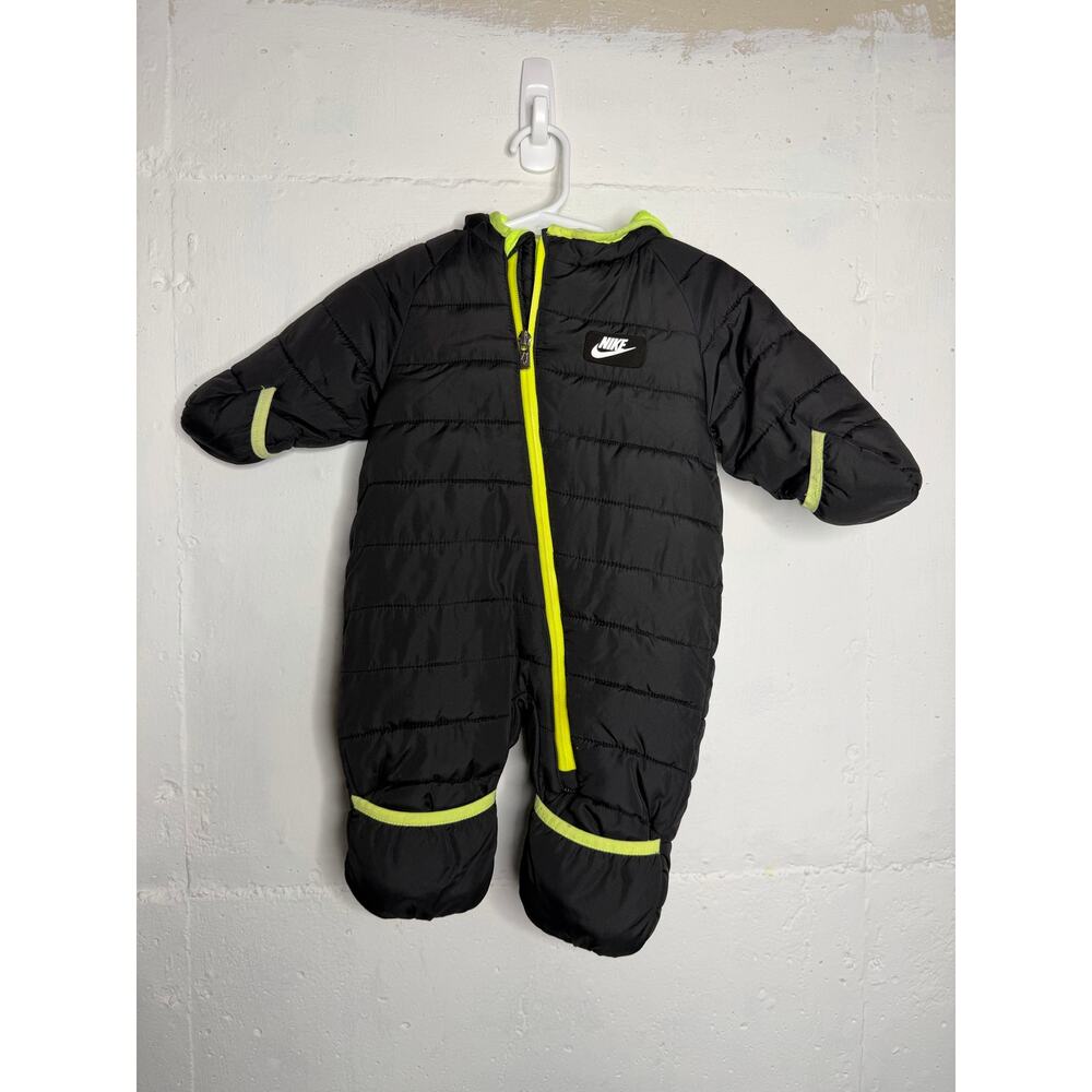 Nike baby hooded puffer snowsuit in black with neon green accents 3/6 Months